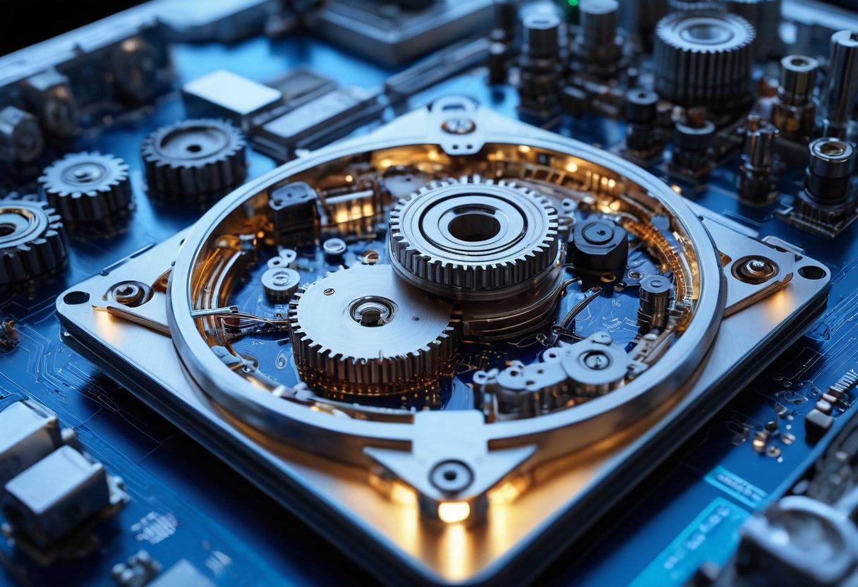 A visually captivating circuit board merging with mechanical gears, symbolizing the fusion of hardware design and engineering. Include blueprints and technical schematics in the background for depth. Illuminate the scene with a soft glow from LED lights, emphasizing precision and innovation. Use a color palette of deep blues and metallic silvers to convey professionalism and excellence. super-realistic. vibrant colors. 3D.