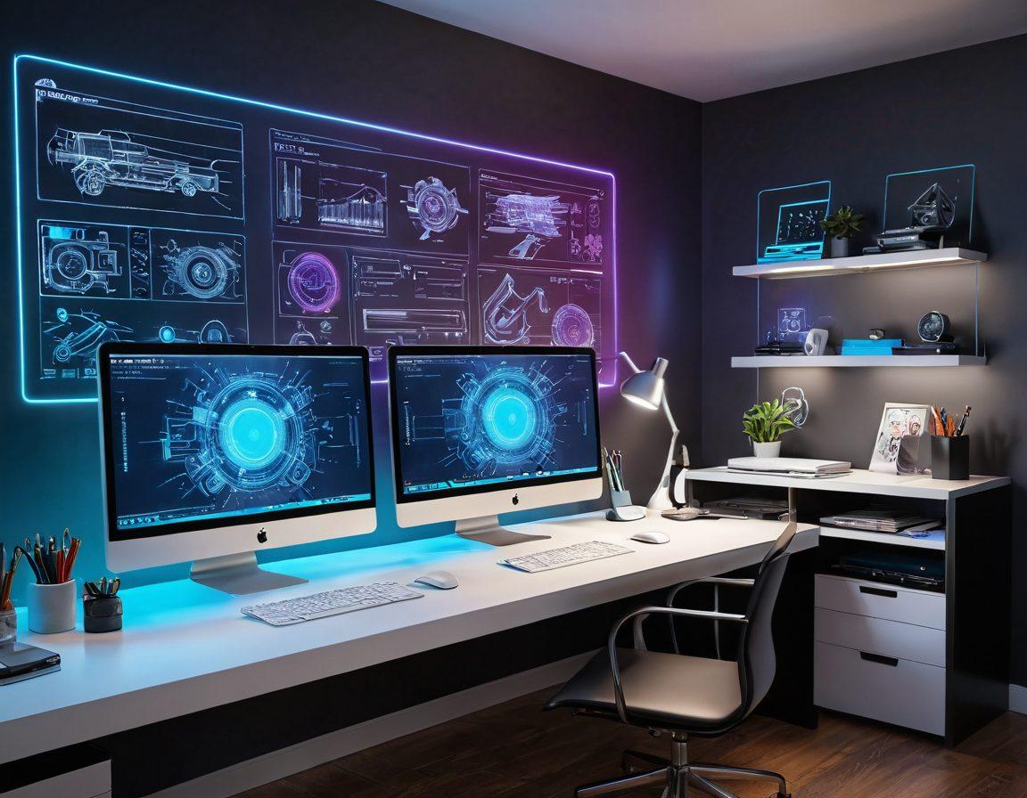 A futuristic workspace filled with digital design tools and innovative hardware, featuring a vibrant holographic interface showcasing 3D models and blueprints. Incorporate elements like custom-built gadgets and sketches pinned on a modern wall. The ambiance should have a creative energy with bright lighting illuminating the space. super-realistic. vibrant colors. 3D.